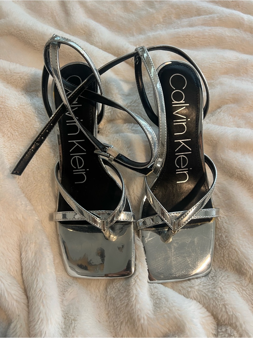 Calvin Klein Metallic Silver Square-Toe Strappy Heels